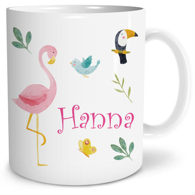 Auf diesem Bild ist folgendes zu sehen: Tasse Safari Flamingo als Geschenke Geschenkideen zu Geburtstag Taufe Ostern Schulanfang von OWLBOOK