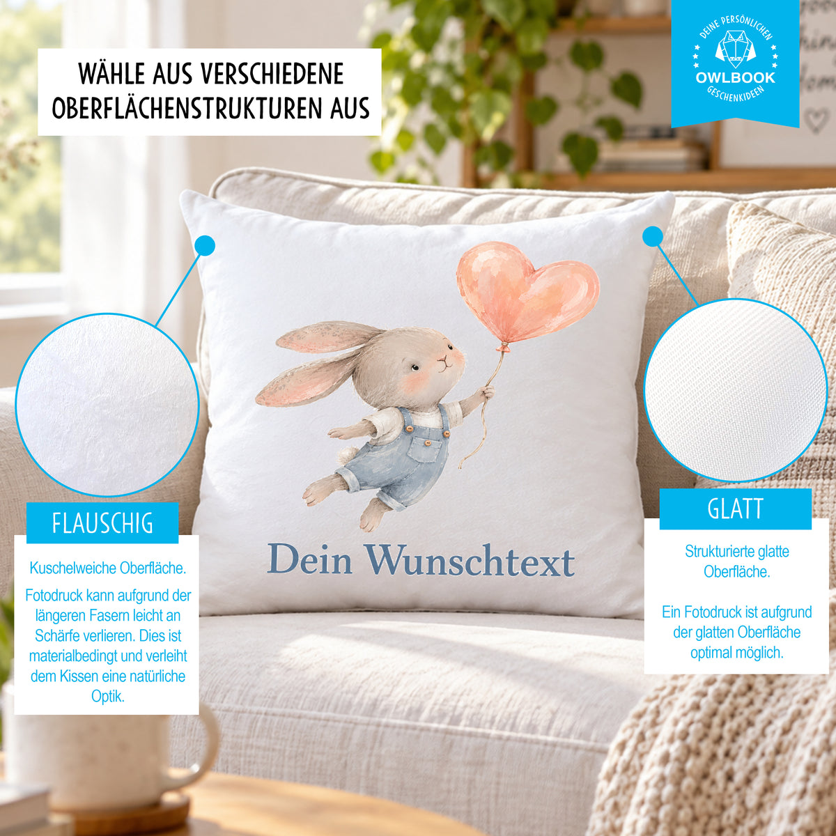 Kissen personalisiert für Kinder mit Hasen-Motiv und Namen
