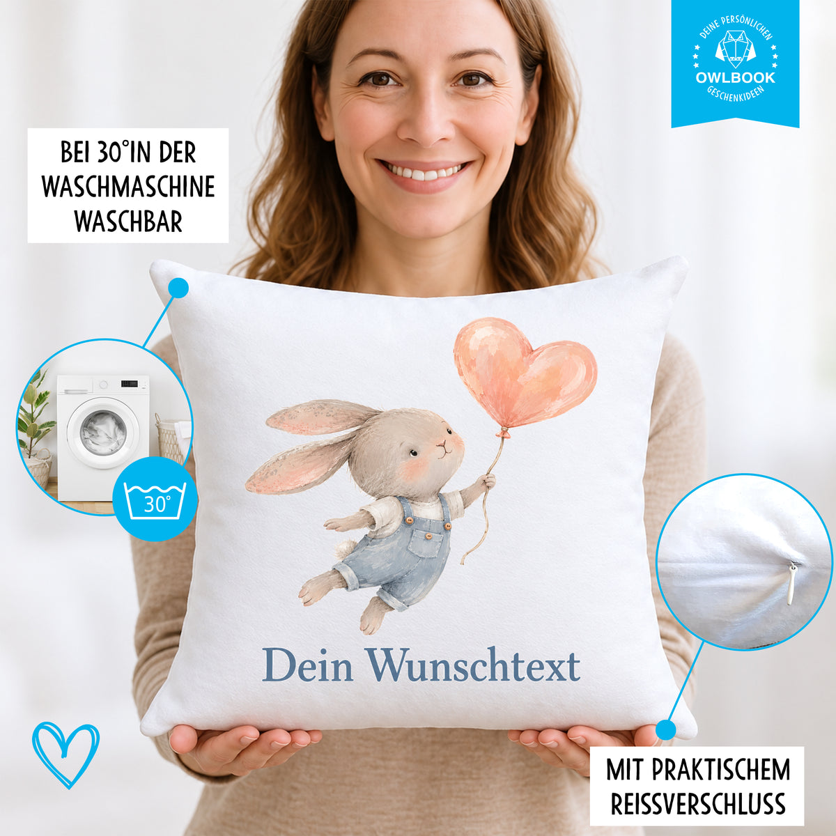 Kissen personalisiert für Kinder mit Hasen-Motiv und Namen
