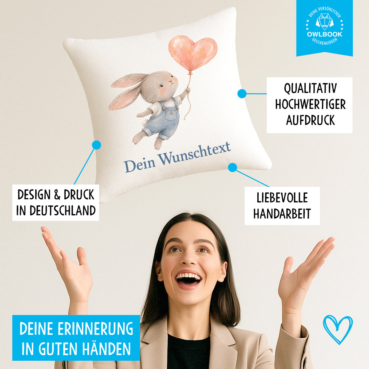 Kissen personalisiert für Kinder mit Hasen-Motiv und Namen