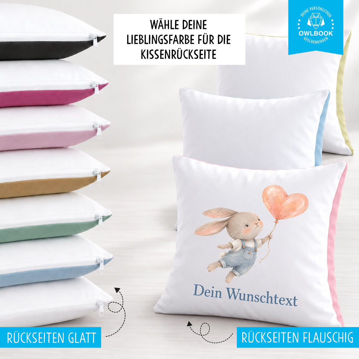Kissen personalisiert für Kinder mit Hasen-Motiv und Namen