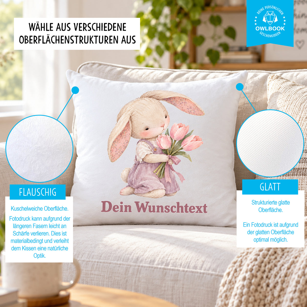 Namenskissen für Mädchen mit Hasen-Motiv – personalisiert mit Namen
