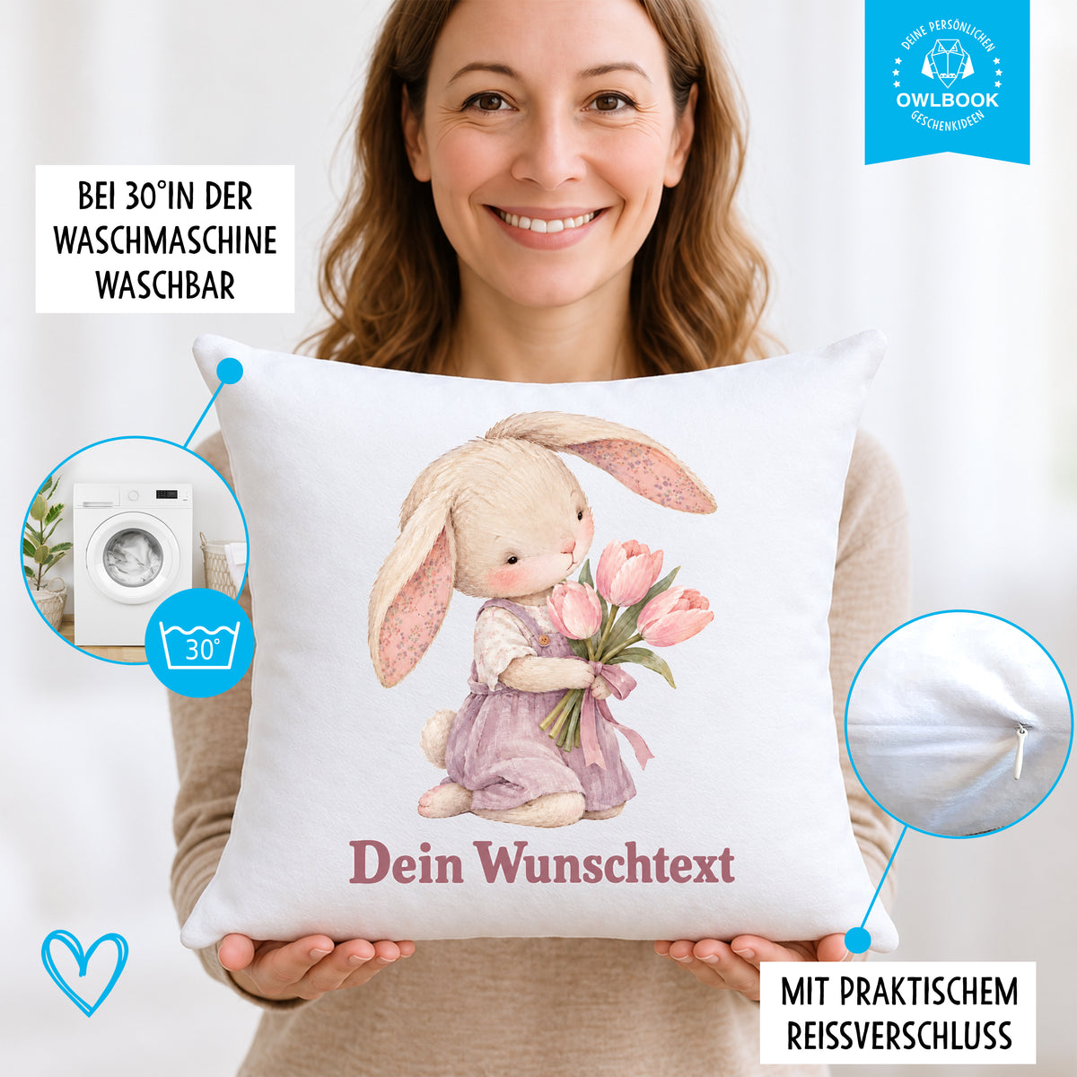 Namenskissen für Mädchen mit Hasen-Motiv – personalisiert mit Namen