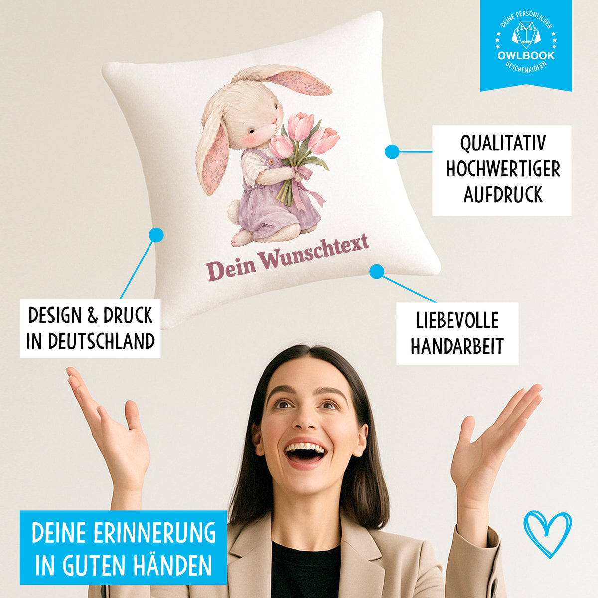 Namenskissen für Mädchen mit Hasen-Motiv – personalisiert mit Namen