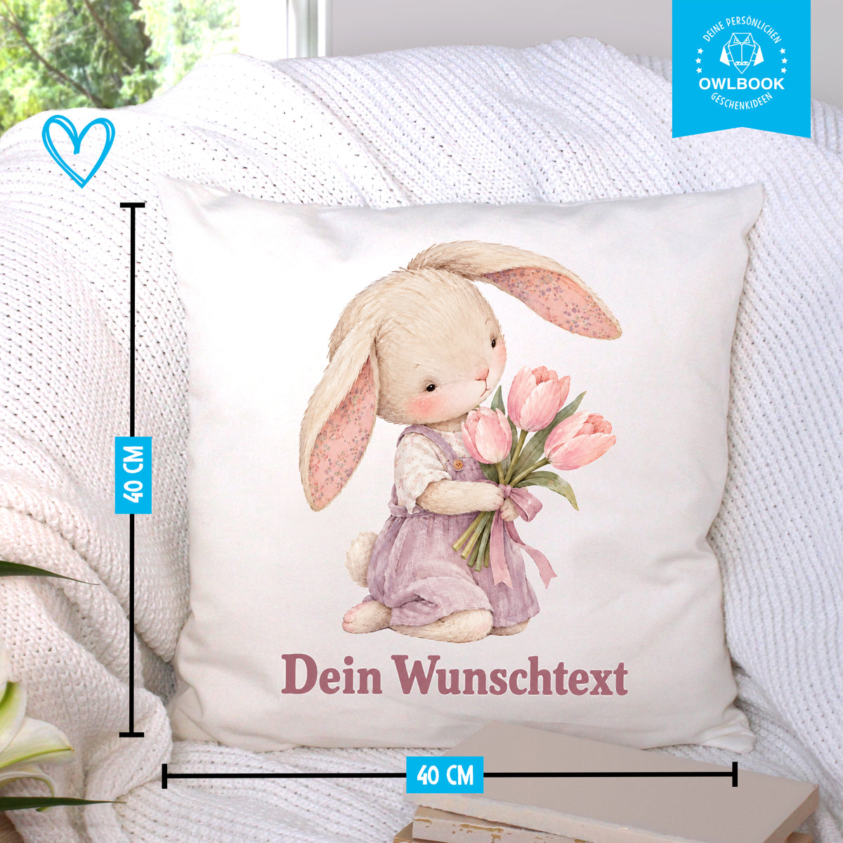 Namenskissen für Mädchen mit Hasen-Motiv – personalisiert mit Namen