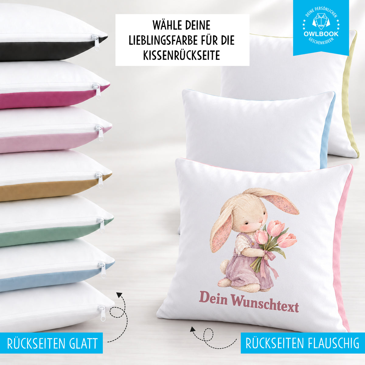 Namenskissen für Mädchen mit Hasen-Motiv – personalisiert mit Namen