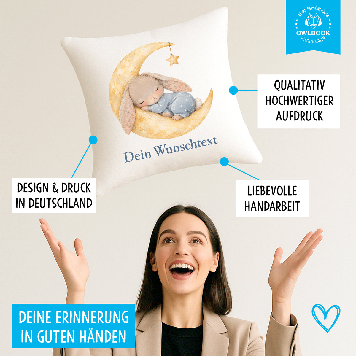Kinderkissen mit Hasenmotiv – personalisiert mit Namen