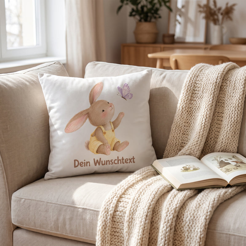 Kissen personalisiert für Mädchen mit Hasen-Motiv und Wunschnamen