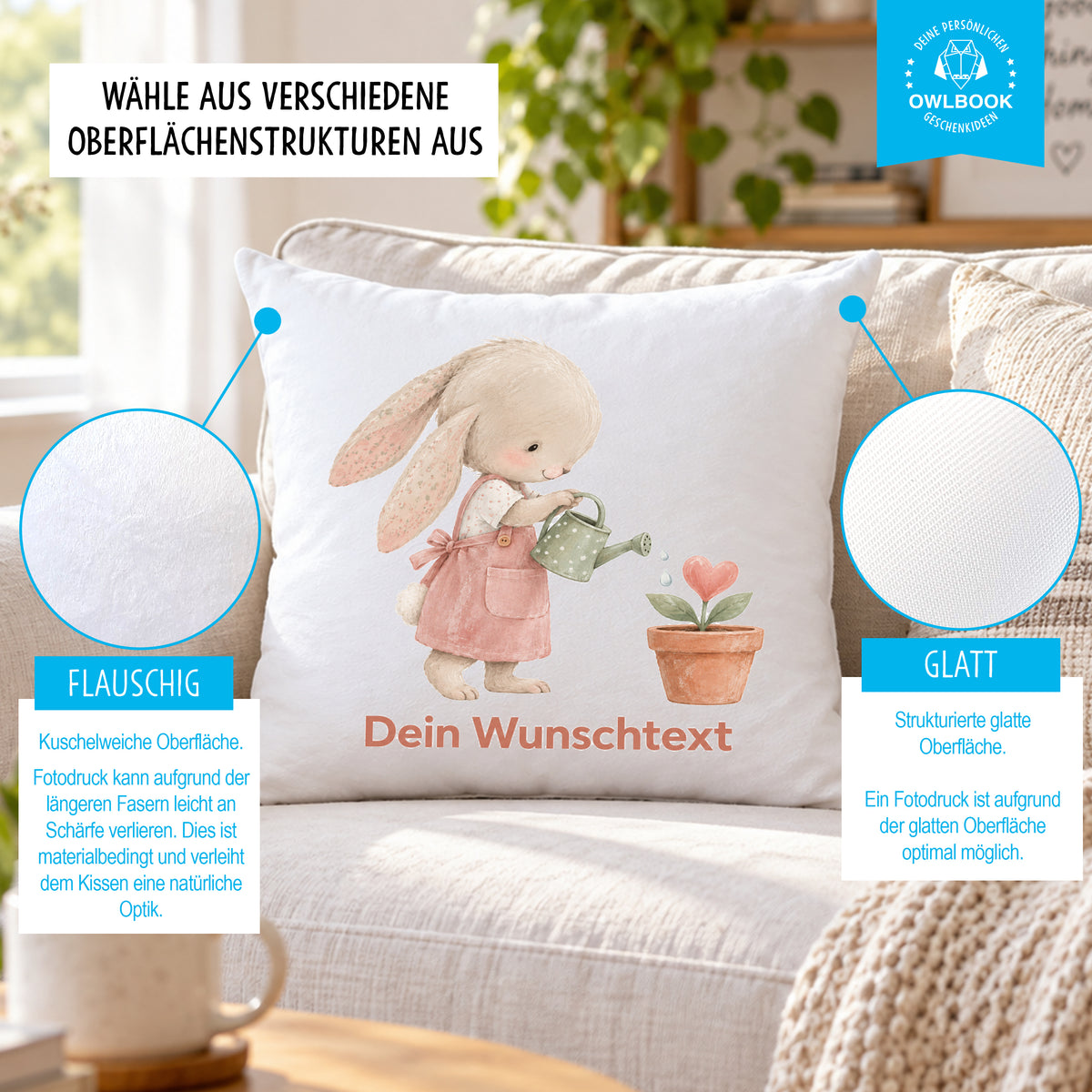 Kissen mit Namen für Mädchen – personalisiertes Hasen-Kissen fürs Kinderzimmer