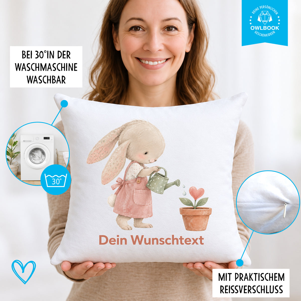 Kissen mit Namen für Mädchen – personalisiertes Hasen-Kissen fürs Kinderzimmer