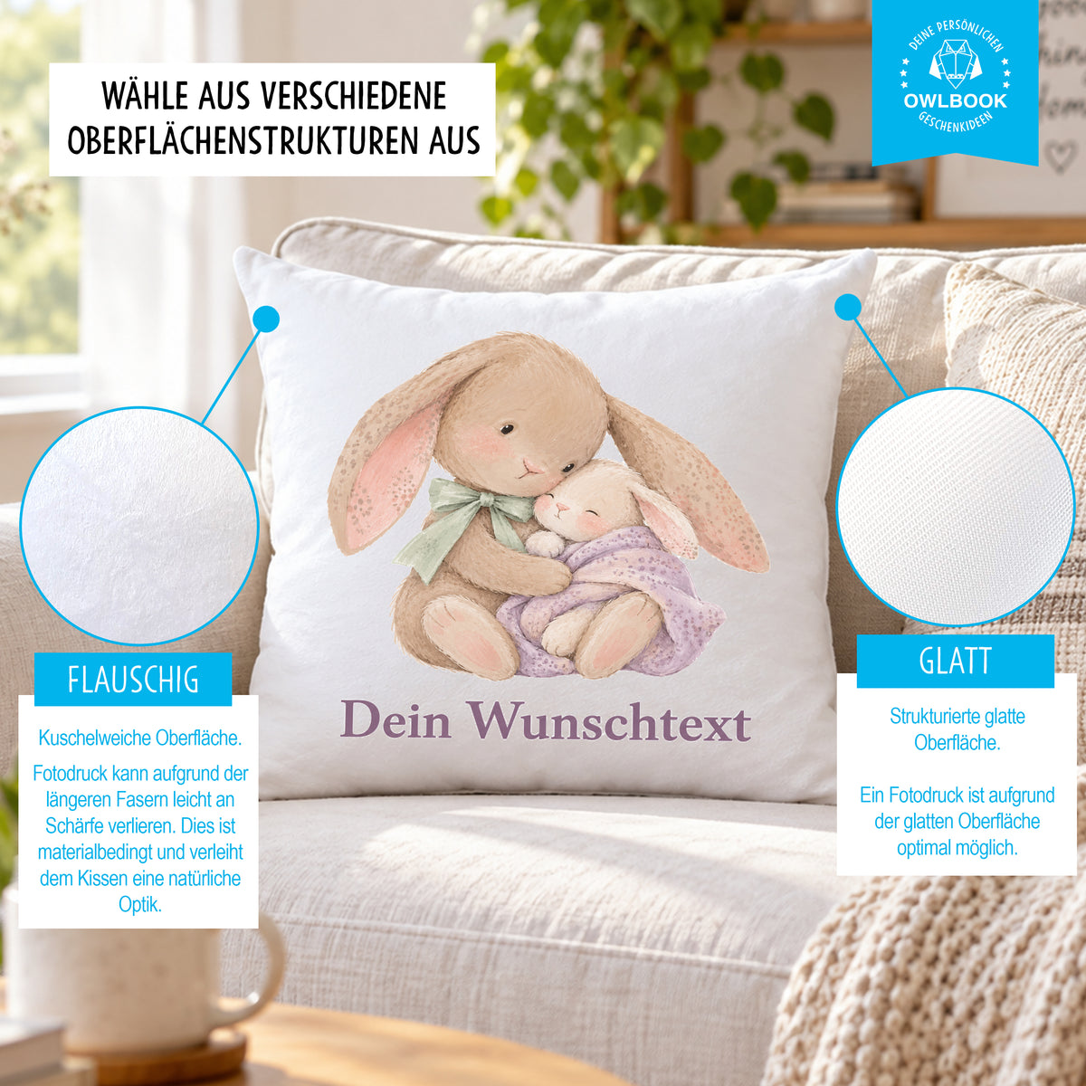 Kuschelkissen für Kinder personalisiert mit Namen und Hasen-Motiv