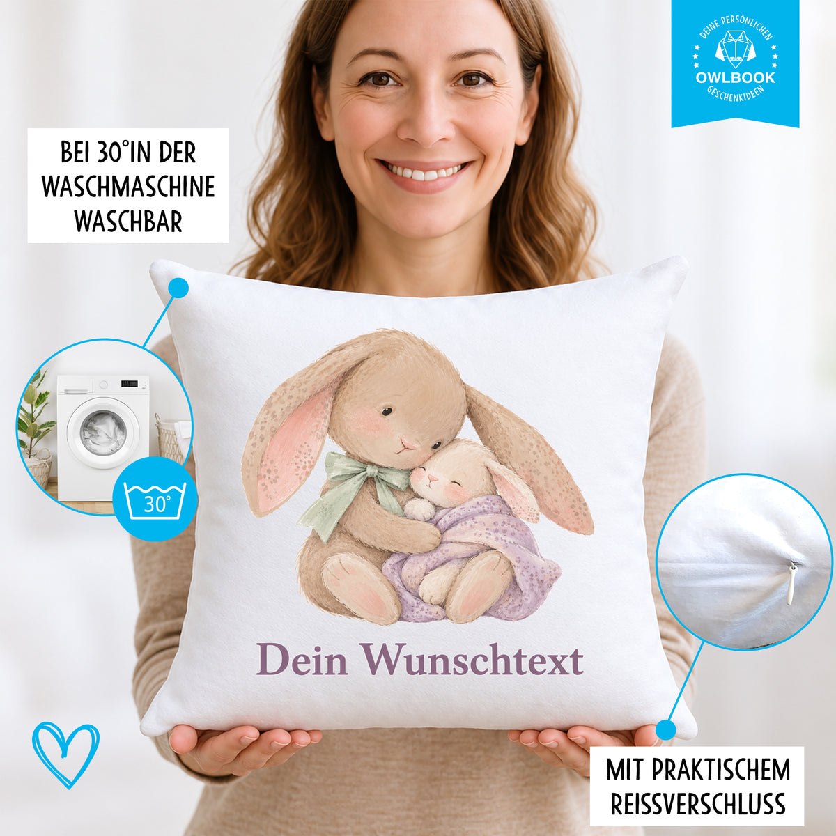 Kuschelkissen für Kinder personalisiert mit Namen und Hasen-Motiv