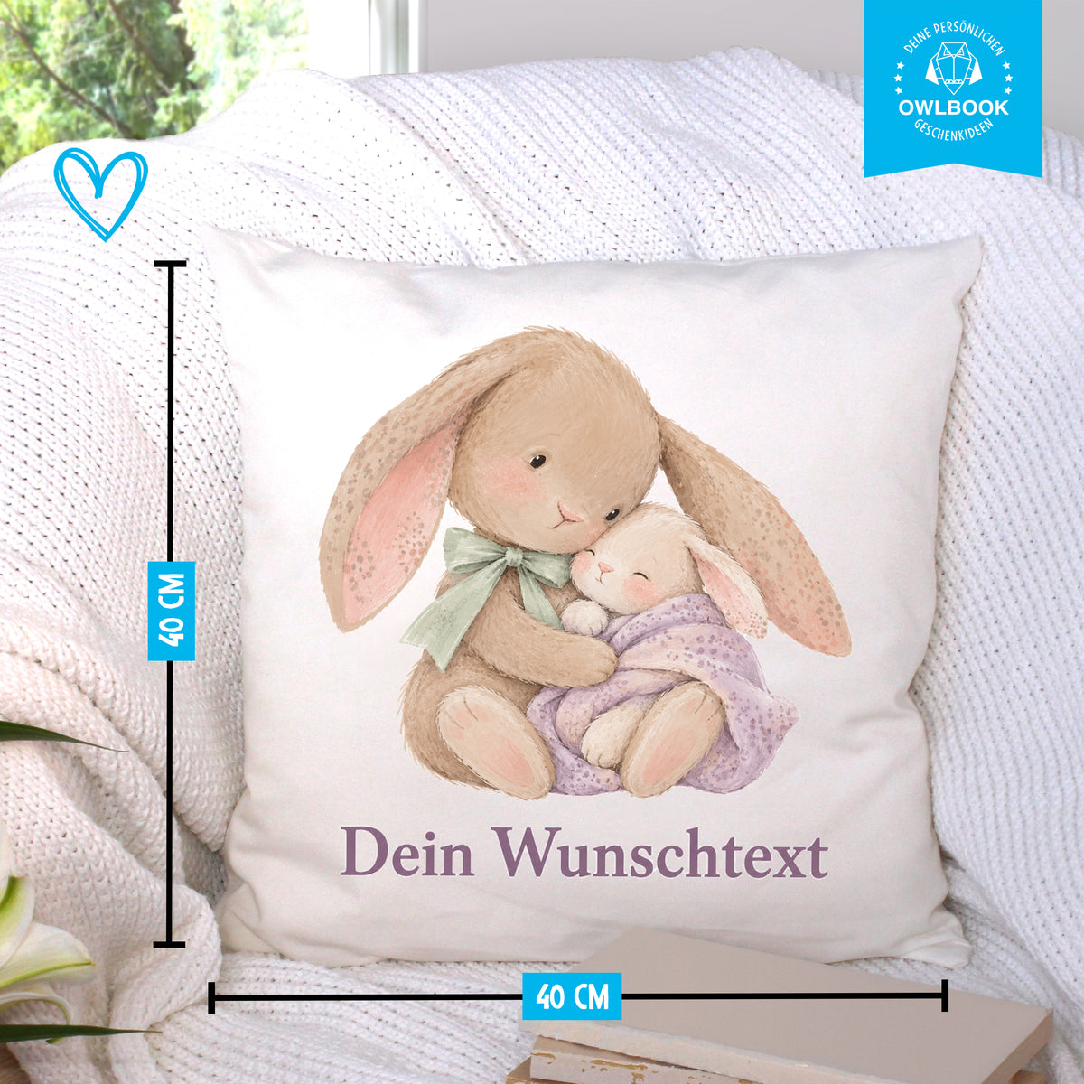 Kuschelkissen für Kinder personalisiert mit Namen und Hasen-Motiv