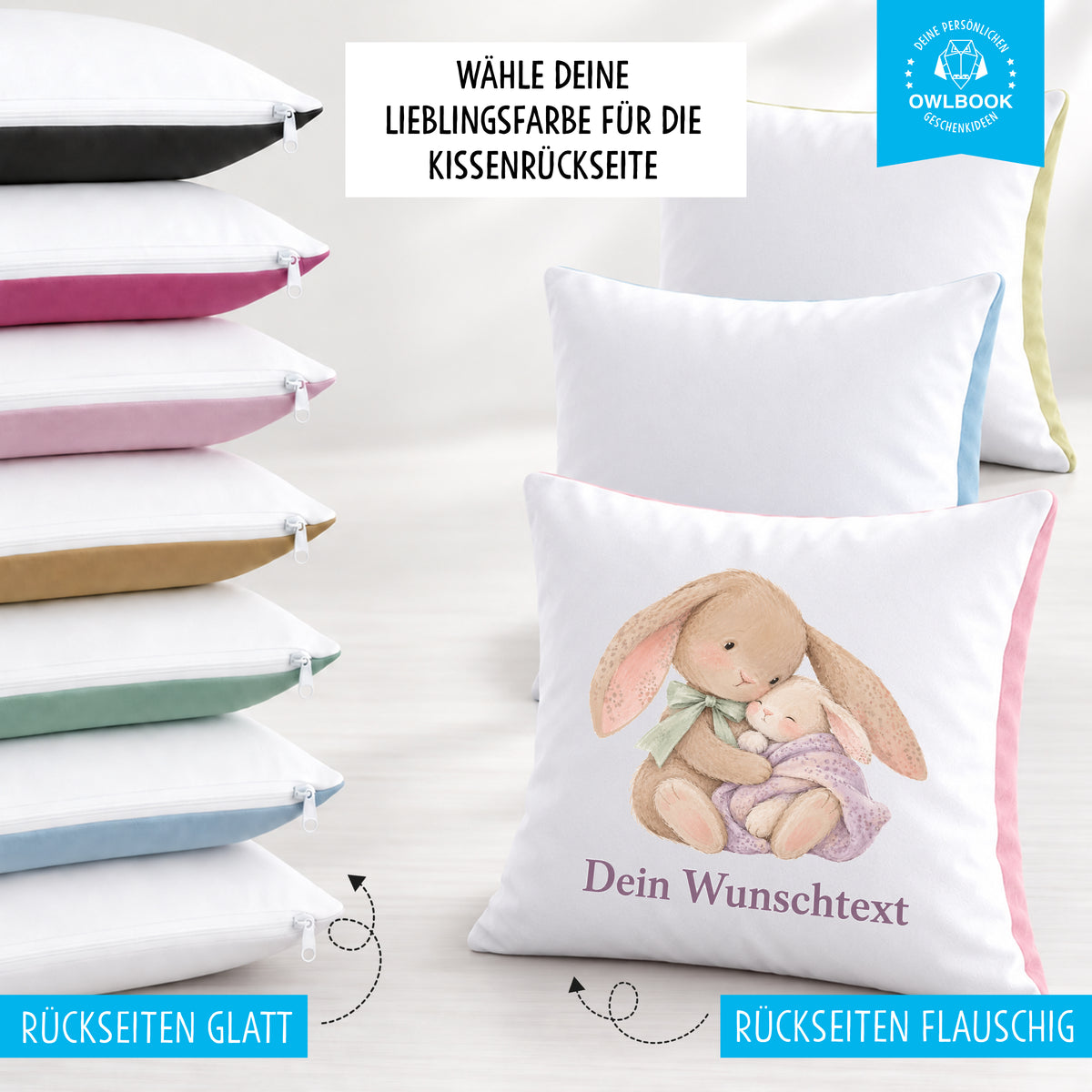 Kuschelkissen für Kinder personalisiert mit Namen und Hasen-Motiv
