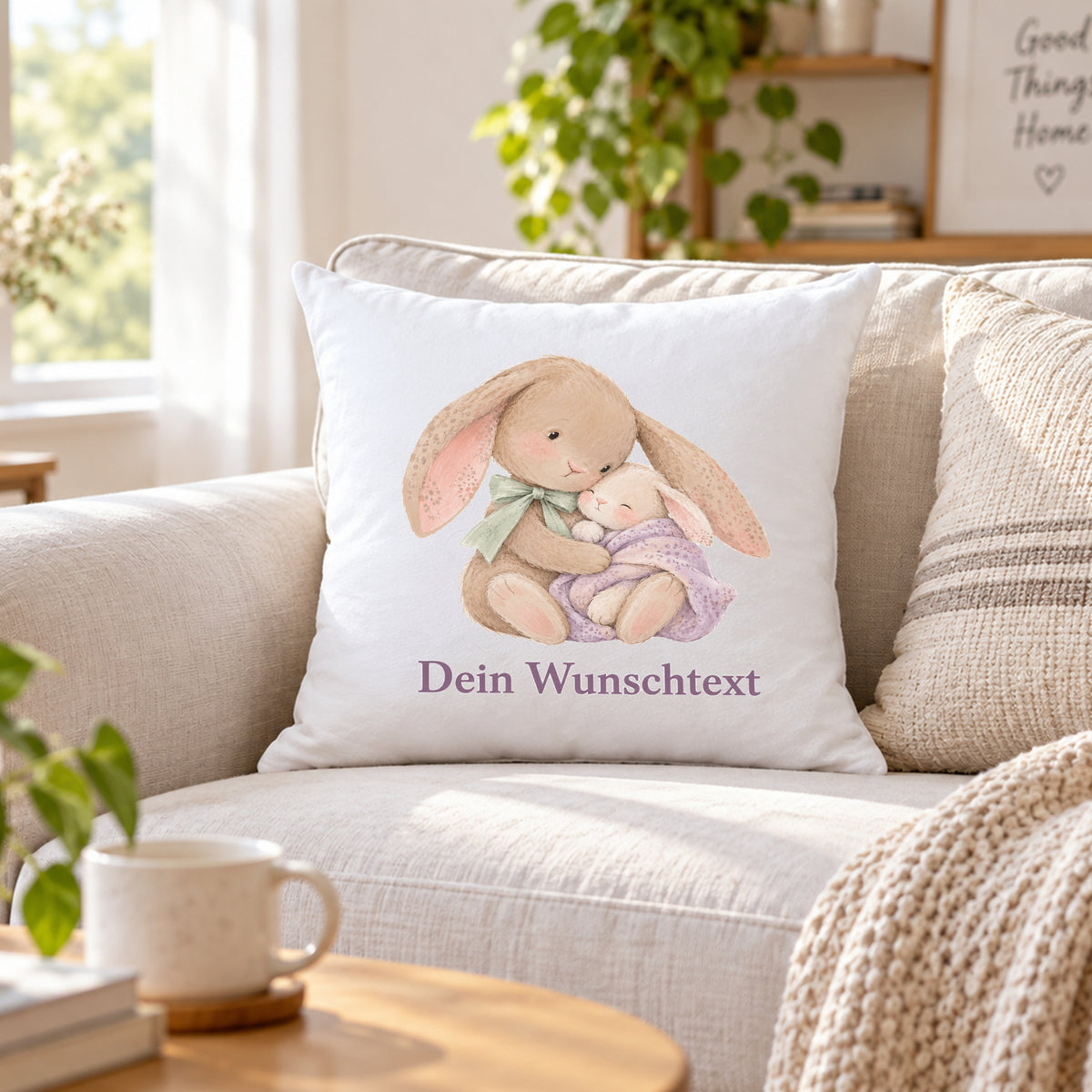 Kuschelkissen für Kinder personalisiert mit Namen und Hasen-Motiv