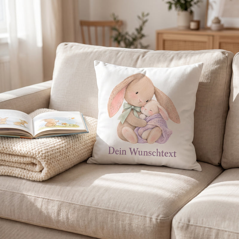 Kuschelkissen für Kinder personalisiert mit Namen und Hasen-Motiv