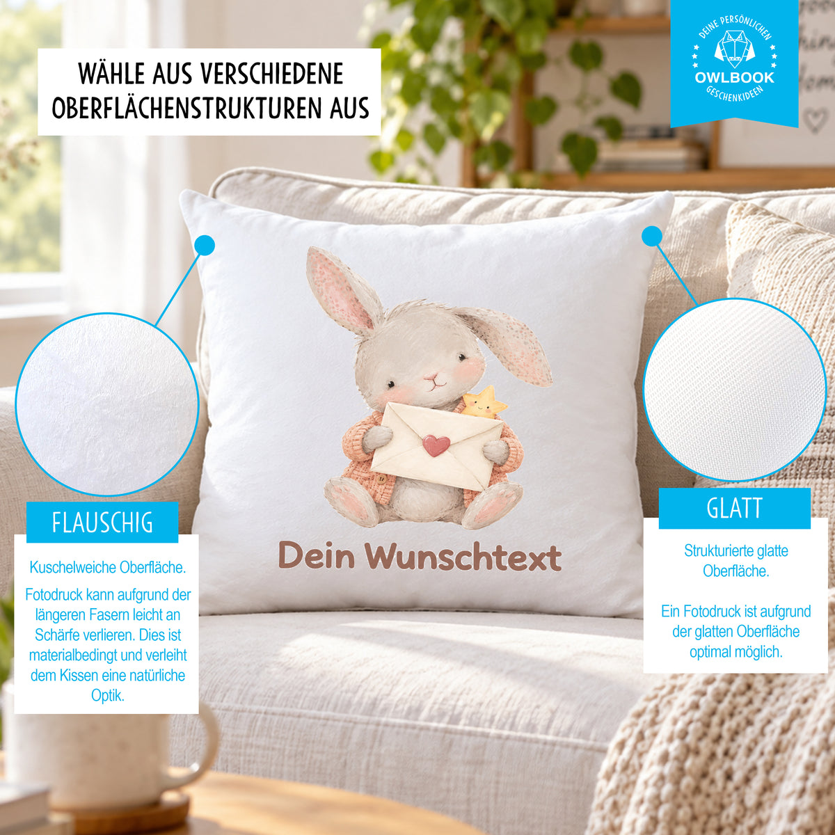 Kissen für Kinder personalisiert mit Hasen-Motiv und Namen