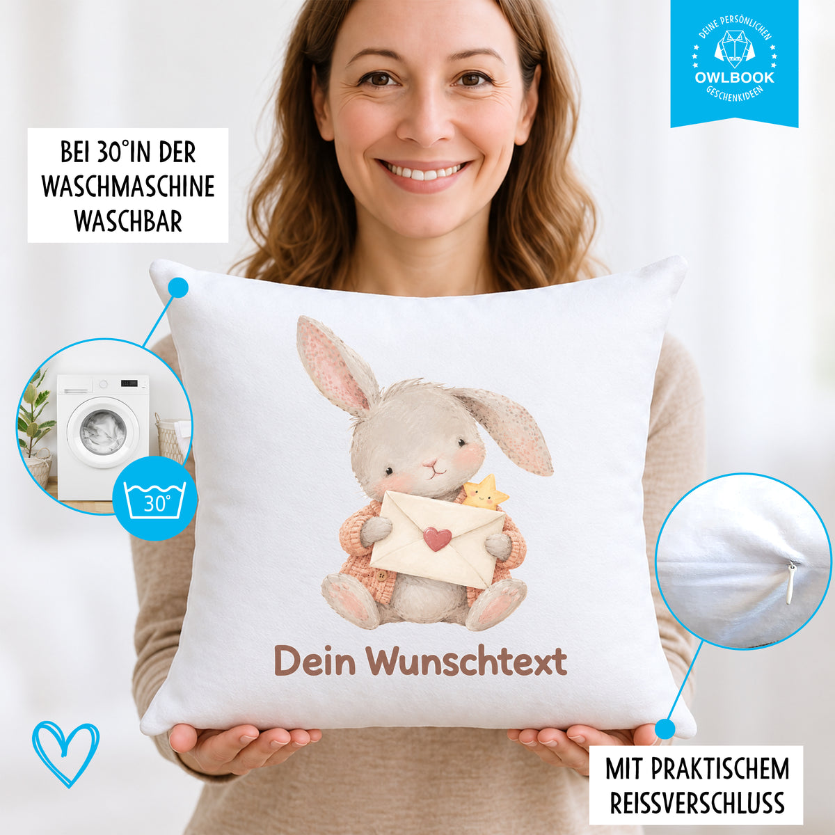 Kissen für Kinder personalisiert mit Hasen-Motiv und Namen
