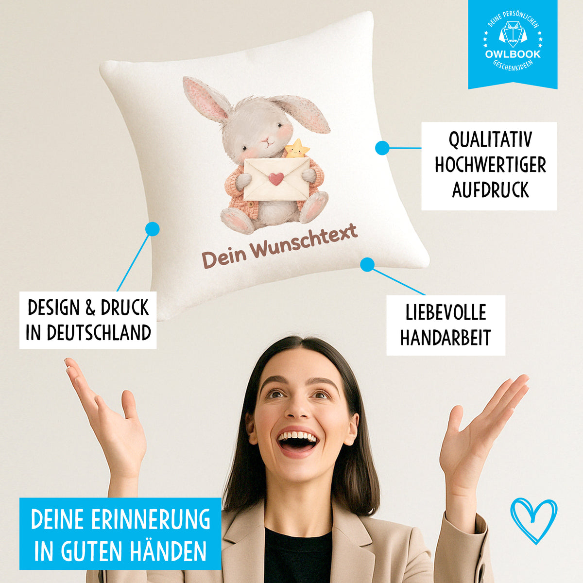 Kissen für Kinder personalisiert mit Hasen-Motiv und Namen