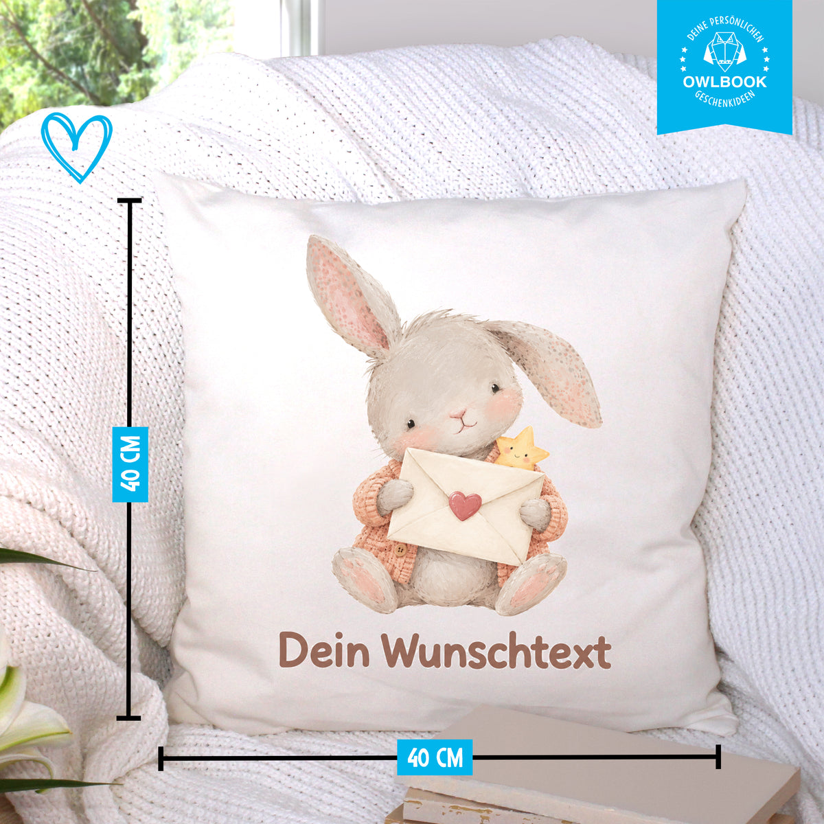 Kissen für Kinder personalisiert mit Hasen-Motiv und Namen