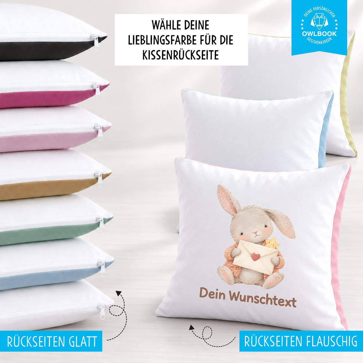 Kissen für Kinder personalisiert mit Hasen-Motiv und Namen