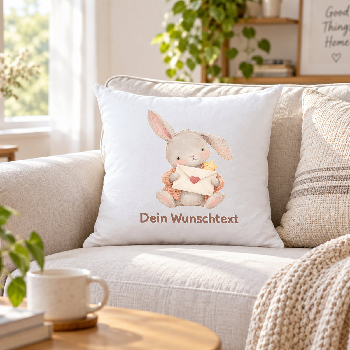 Kissen für Kinder personalisiert mit Hasen-Motiv und Namen