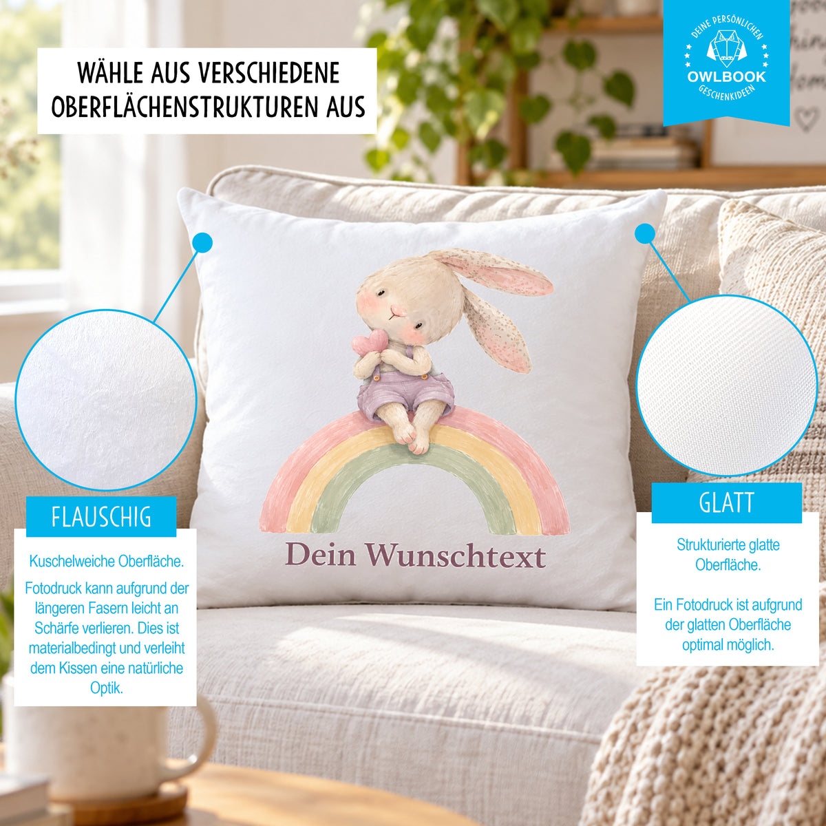 Kissen für Kinder personalisiert mit Namen – süßes Hasenmotiv