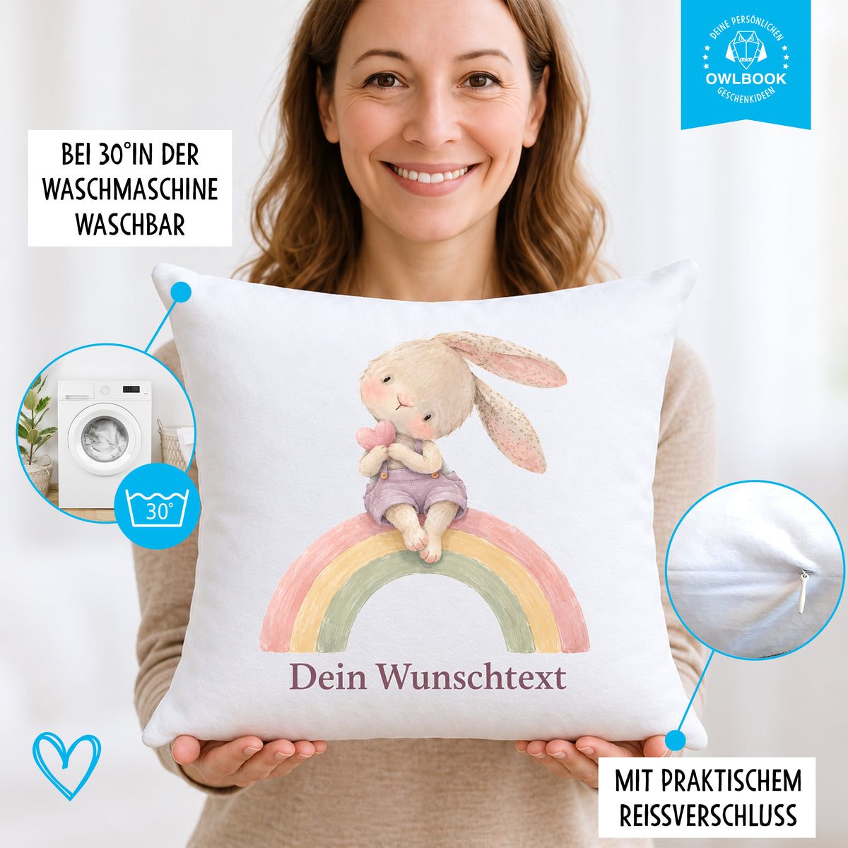 Kissen für Kinder personalisiert mit Namen – süßes Hasenmotiv