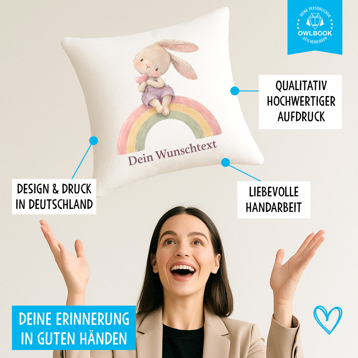 Kissen für Kinder personalisiert mit Namen – süßes Hasenmotiv