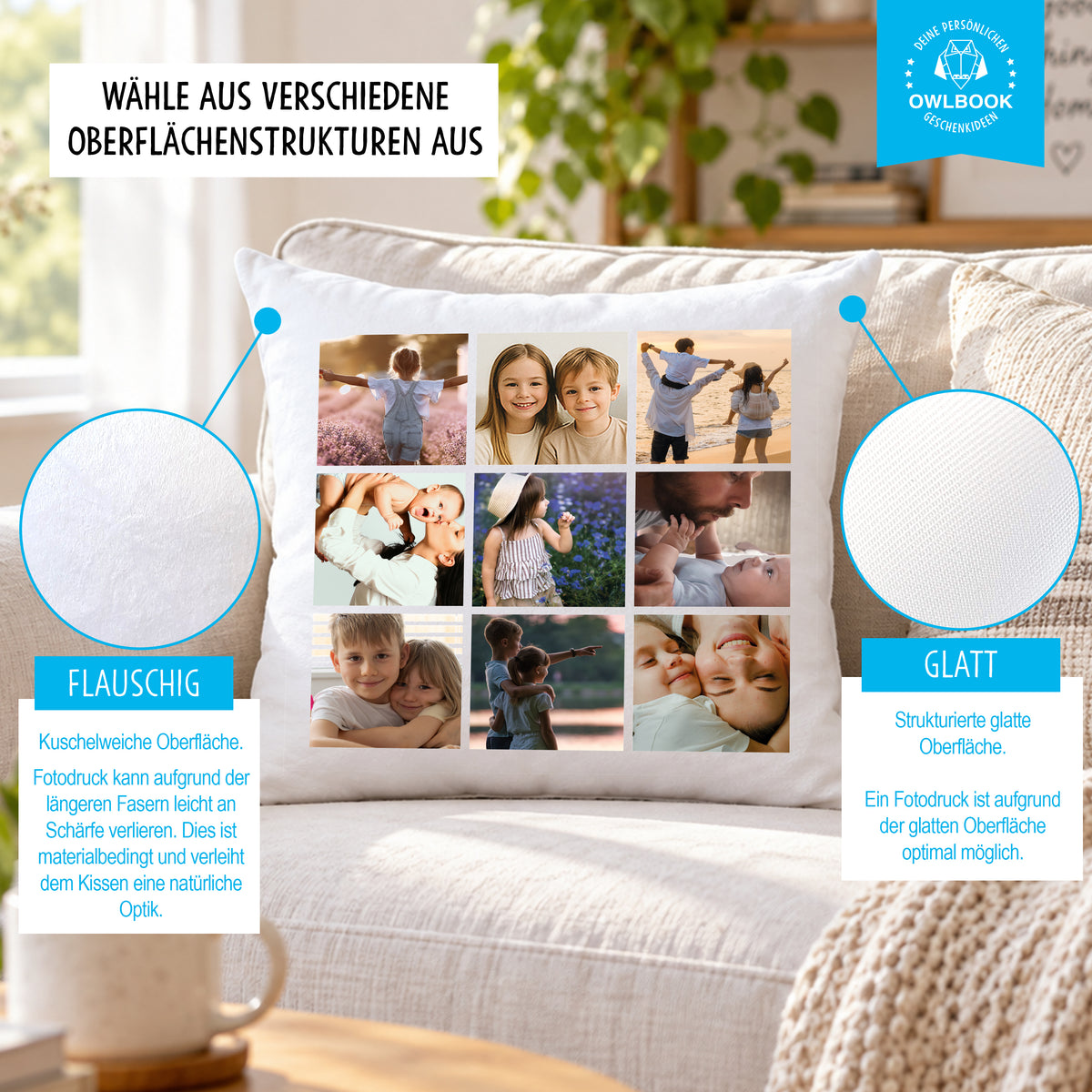 Fotokissen personalisiert mit 9 eigenen Fotos, optional mit Füllung