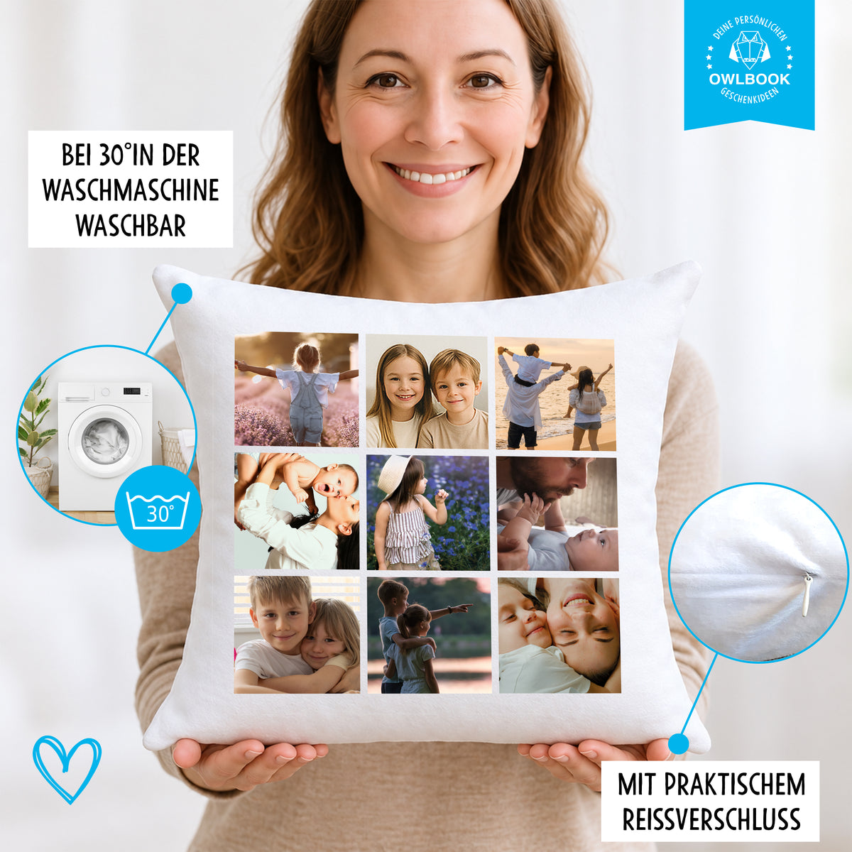 Fotokissen personalisiert mit 9 eigenen Fotos, optional mit Füllung