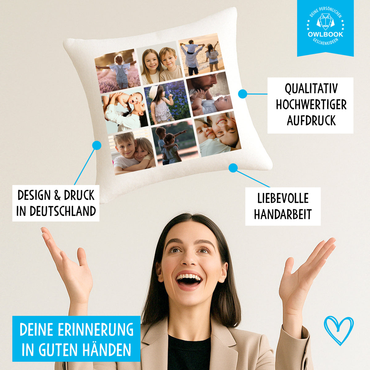 Fotokissen personalisiert mit 9 eigenen Fotos, optional mit Füllung