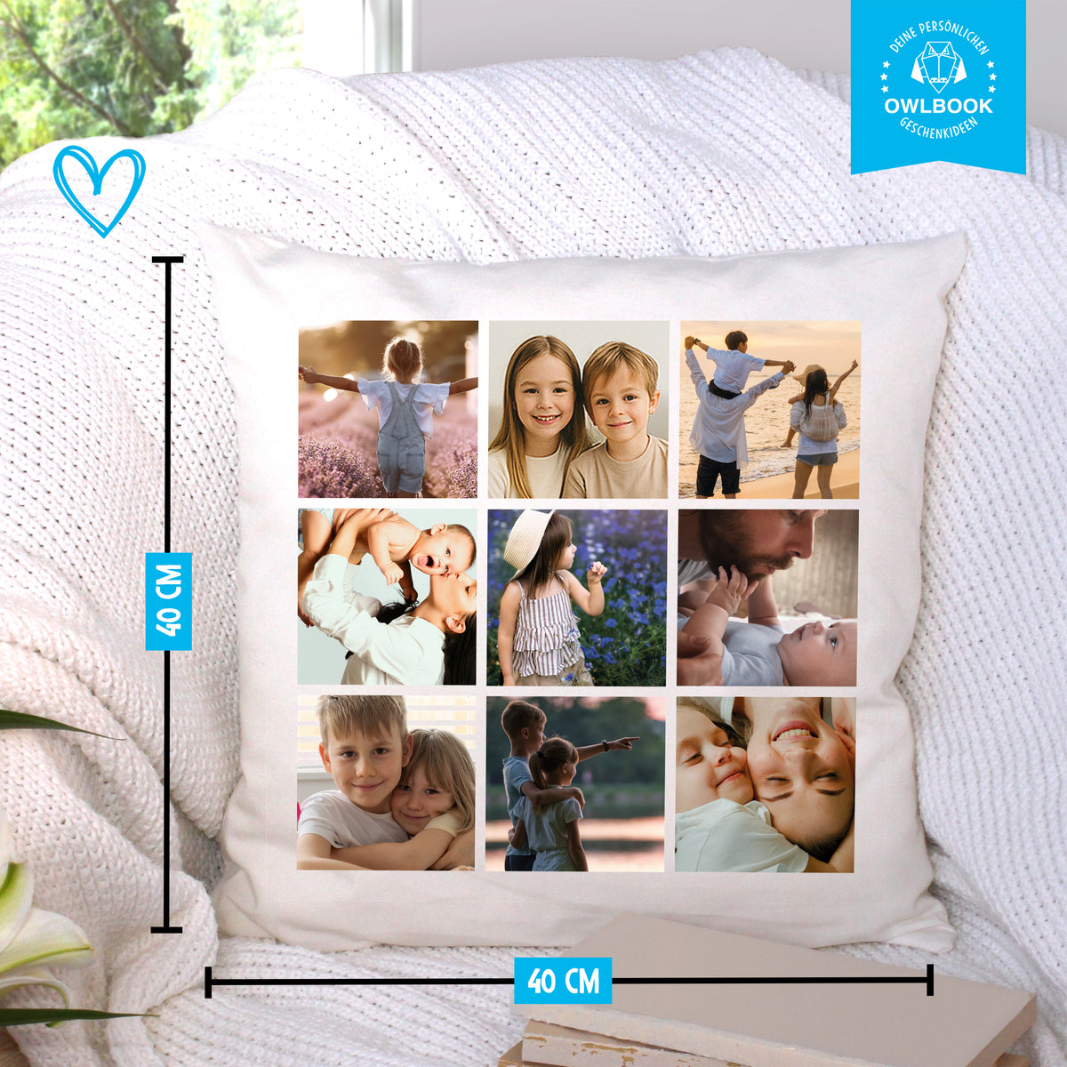 Fotokissen personalisiert mit 9 eigenen Fotos, optional mit Füllung