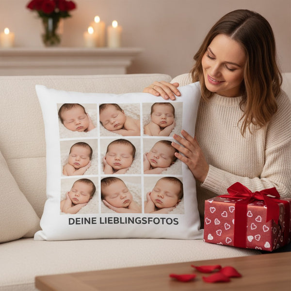 Fotokissen personalisiert mit 9 eigenen Fotos, optional mit Füllung – Geschenkmoment, Valentinstag