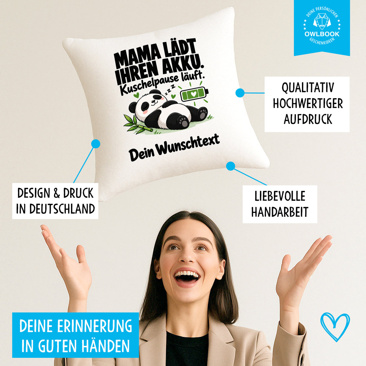 Mama Lädt Ihren Akku auf - Muttertag Geschenk für Mama Geburtstag - Weihnachten, Nikolaus, Danke an Mutti, mit Foto und Text personalisierbar, Polyester, waschbar bei 30 Grad