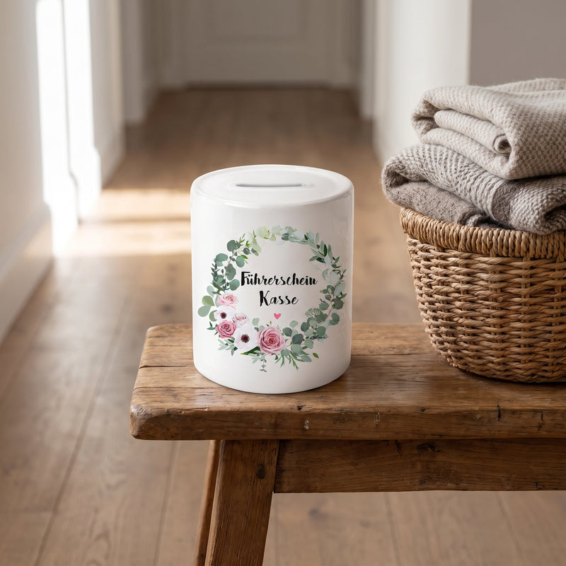 Führerschein Kasse mit Blumenkranz