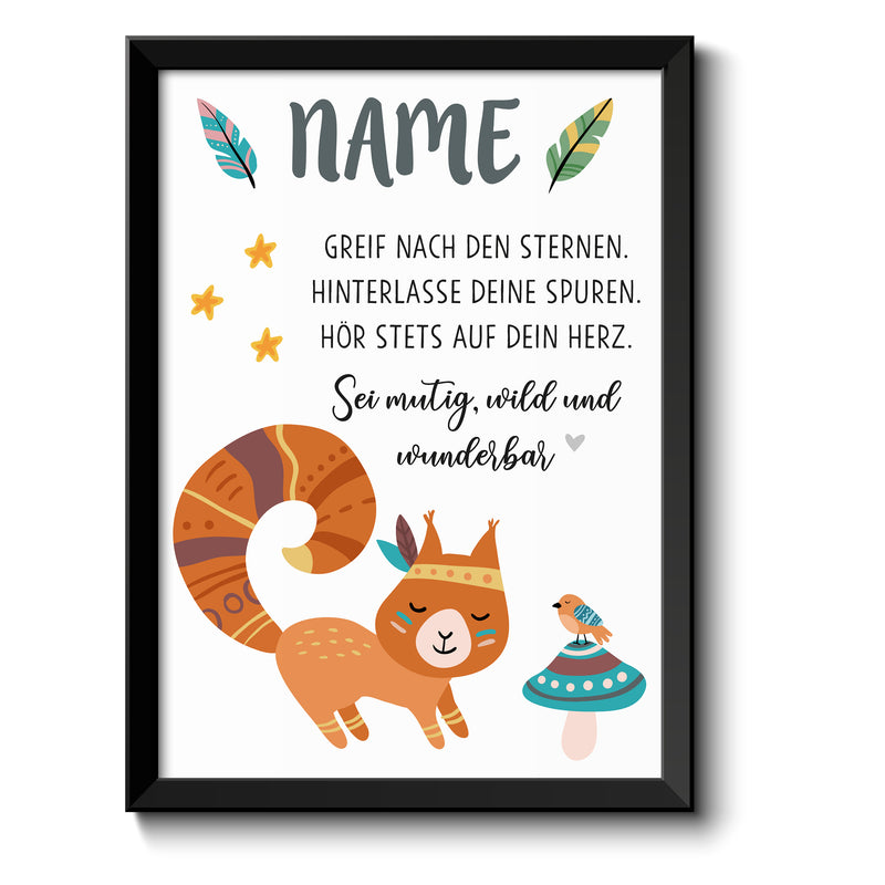 Auf diesem Bild ist folgendes zu sehen: Bild Namensbild Eichhörnchen Boho als Geschenke Geschenkideen zu Taufe    von OWLBOOK
