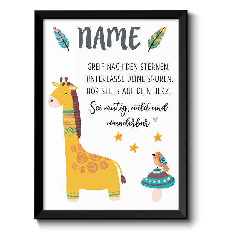 Auf diesem Bild ist folgendes zu sehen: Bild Namensbild Giraffe Boho als Geschenke Geschenkideen zu Taufe    von OWLBOOK