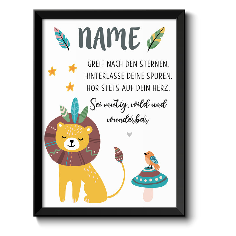 Auf diesem Bild ist folgendes zu sehen: Bild Namensbild Löwe Boho als Geschenke Geschenkideen zu Taufe    von OWLBOOK