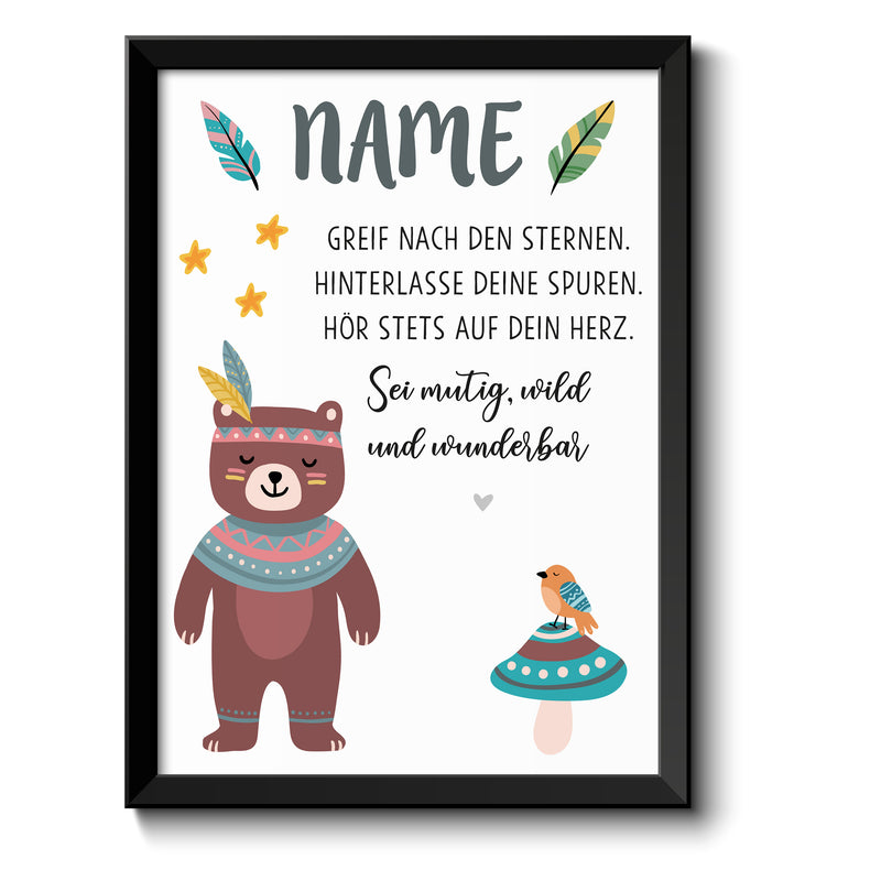 Auf diesem Bild ist folgendes zu sehen: Bild Namensbild Bär Boho als Geschenke Geschenkideen zu Taufe    von OWLBOOK