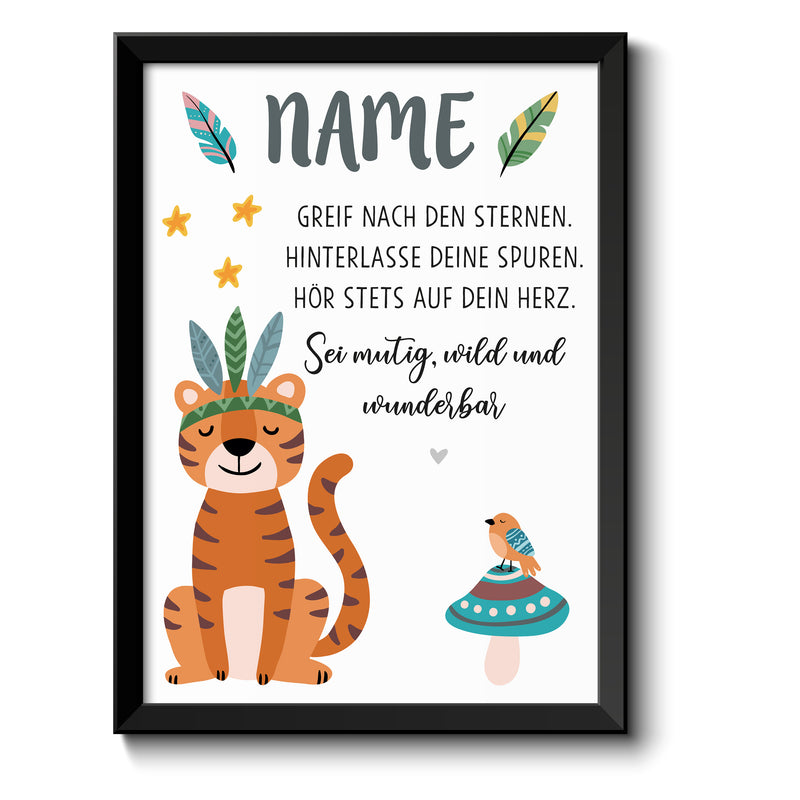 Auf diesem Bild ist folgendes zu sehen: Bild Namensbild Tiger Boho als Geschenke Geschenkideen zu Taufe    von OWLBOOK