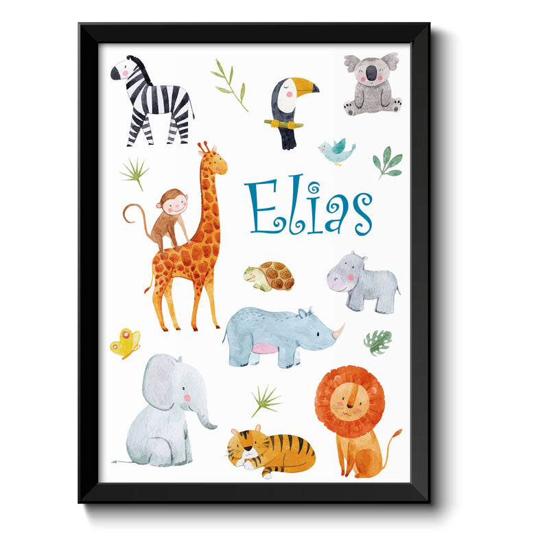 Auf diesem Bild ist folgendes zu sehen: Bild Namensbild Safari Tiere als Geschenke Geschenkideen zu Taufe    von OWLBOOK