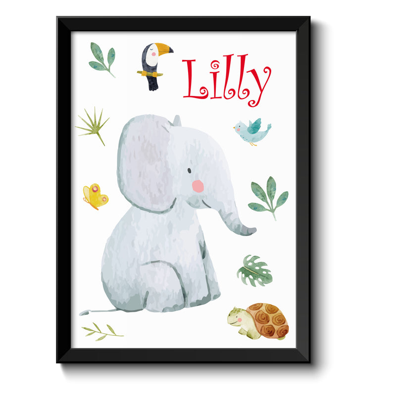 Auf diesem Bild ist folgendes zu sehen: Bild Namensbild Elefant Safari als Geschenke Geschenkideen zu Taufe    von OWLBOOK