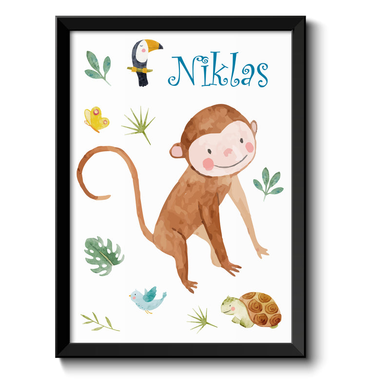 Auf diesem Bild ist folgendes zu sehen: Bild Namensbild Affe Safari als Geschenke Geschenkideen zu Taufe    von OWLBOOK