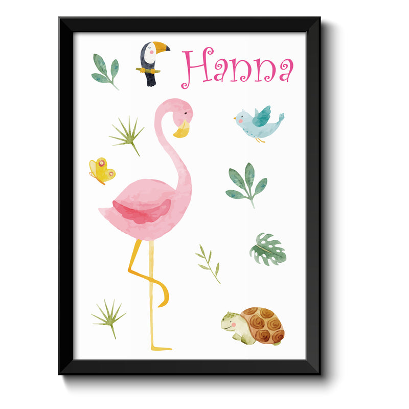 Auf diesem Bild ist folgendes zu sehen: Bild Namensbild Flamingo Safari als Geschenke Geschenkideen zu Taufe    von OWLBOOK