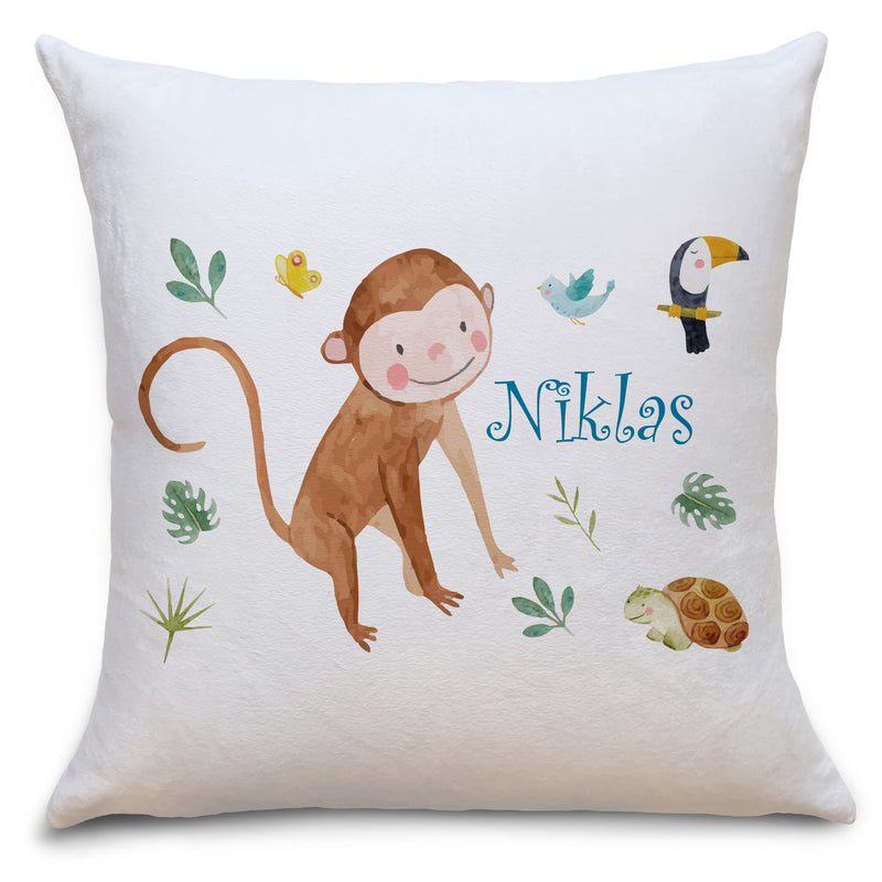 Auf diesem Bild ist folgendes zu sehen: Kissen Kinderkissen Affe Safari Tiere als Geschenke Geschenkideen zu Geburtstag Nikolaus  Weihnachten von OWLBOOK