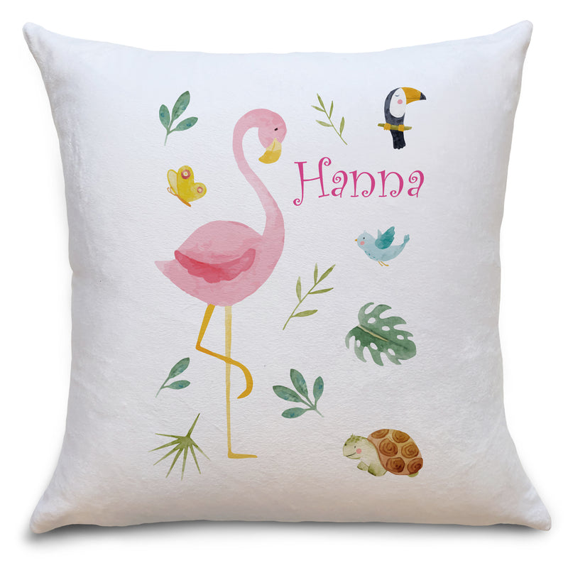 Auf diesem Bild ist folgendes zu sehen: Kissen Kinderkissen Flamingo Safari Tiere als Geschenke Geschenkideen zu Geburtstag Nikolaus  Weihnachten von OWLBOOK