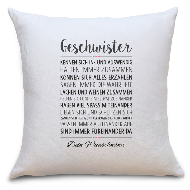 Auf diesem Bild ist folgendes zu sehen: Kissen Geschwisterliebe als Geschenke Geschenkideen zu Geburtstag Konfirmation Hochzeit Weihnachten von OWLBOOK
