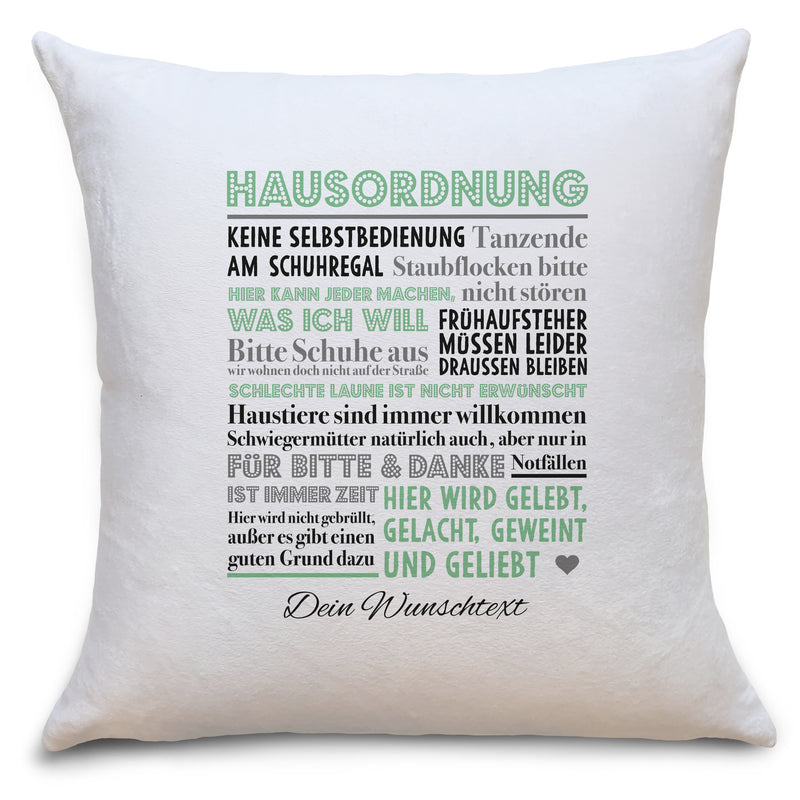 Auf diesem Bild ist folgendes zu sehen: Kissen Hausordnung als Geschenke Geschenkideen zu Geburtstag Glückwünsche Lustig Weihnachten von OWLBOOK