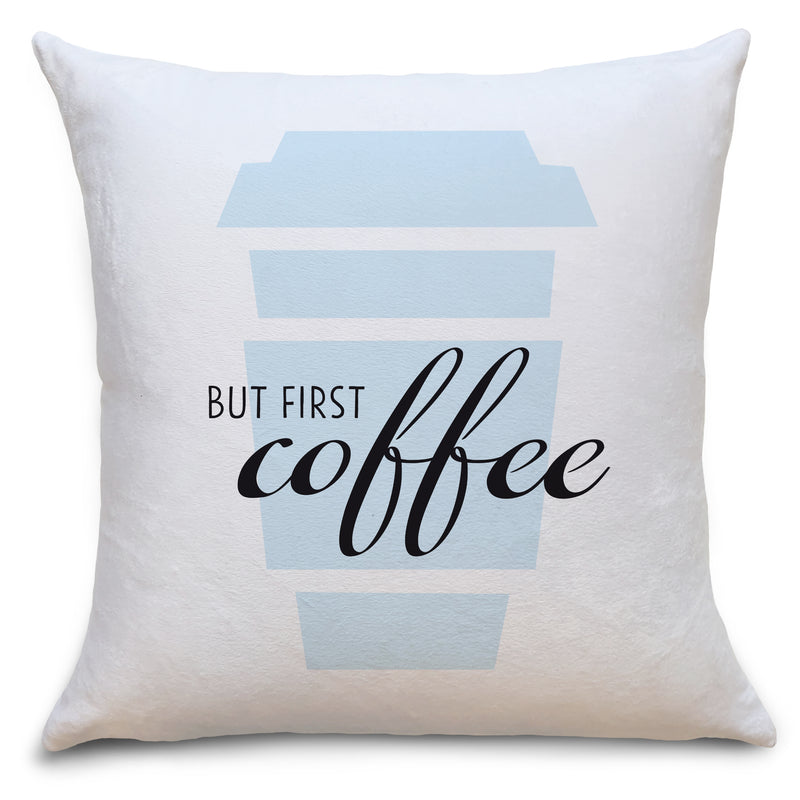 Auf diesem Bild ist folgendes zu sehen: Kissen First Coffee als Deko Idee zu Geburtstag  Einrichtung Weihnachten von OWLBOOK